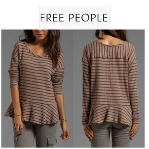 We The Free Auntie Em Brown and Black Striped Fringe Neck Peplum Sweater Top S